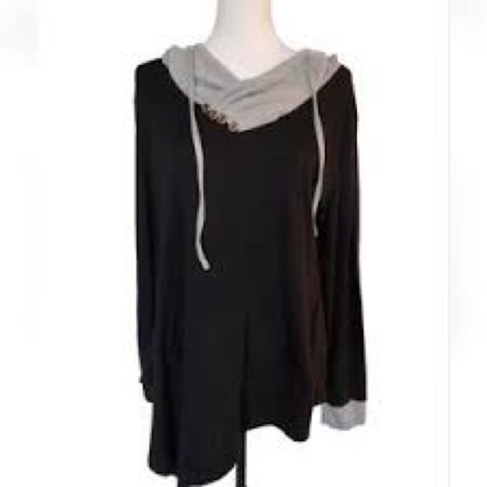 L New Miagooo Two Tone Assymetrical Hem Pocket Hoodie Tunic Black Gray Large